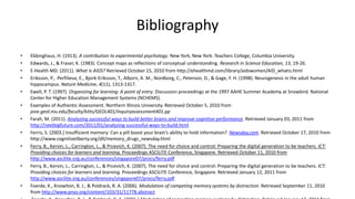 Bibliography
• Ebbinghaus, H. (1913). A contribution to experimental psychology. New York, New York: Teachers College, Columbia University.
• Edwards, J., & Fraser, K. (1983). Concept maps as reflections of conceptual understanding. Research in Science Education, 13, 19-26.
• E-Health MD. (2011). What is AIDS? Retrieved October 15, 2010 from http://ehealthmd.com/library/aidswomen/AID_whatis.html
• Eriksson, P., Perfilieva, E., Bjork-Eriksson, T., Alborn, A. M., Nordborg, C., Peterson, D., & Gage, F. H. (1998). Neurogenesis in the adult human
hippocampus. Nature Medicine, 4(11), 1313-1317.
• Ewell, P. T. (1997). Organizing for learning: A point of entry. Discussion proceedings at the 1997 AAHE Summer Academy at Snowbird. National
Center for Higher Education Management Systems (NCHEMS).
• Examples of Authentic Assessment. Northern Illinois University. Retrieved October 5, 2010 from
jove.geol.niu.edu/faculty/kitts/GEOL401/inquiryassessment401.pp
• Farah, M. (2011). Analyzing successful ways to build better brains and improve cognitive performance. Retrieved January 03, 2011 from
http://nextbigfuture.com/2011/01/analyzing-successful-ways-to-build.html
• Ferris, S. (2003.) Insufficient memory: Can a pill boost your brain’s ability to hold information? Newsday.com. Retrieved October 17, 2010 from
http://www.cognitiveliberty.org/dll/memory_drugs_newsday.html
• Ferry, B., Kervin, L., Carrington, L., & Prcevich, K. (2007). The need for choice and control: Preparing the digital generation to be teachers. ICT:
Providing choices for learners and learning. Proceedings ASCILITE Conference, Singapore. Retrieved October 11, 2010 from
http://www.ascilite.org.au/conferences/singapore07/procs/ferry.pdf
• Ferry, B., Kervin, L., Carrington, L., & Prcevich, K. (2007). The need for choice and control: Preparing the digital generation to be teachers. ICT:
Providing choices for learners and learning. Proceedings ASCILITE Conference, Singapore. Retrieved January 12, 2011 from
http://www.ascilite.org.au/conferences/singapore07/procs/ferry.pdf
• Foerde, K., Knowlton, B. J., & Poldrack, R. A. (2006). Modulation of competing memory systems by distraction. Retrieved September 11, 2010
from http://www.pnas.org/content/103/31/11778.abstract
 