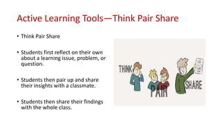 Active Learning Tools—Think Pair Share
• Think Pair Share
• Students first reflect on their own
about a learning issue, problem, or
question.
• Students then pair up and share
their insights with a classmate.
• Students then share their findings
with the whole class.
 