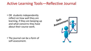 Active Learning Tools—Reflective Journal
• OR students independently
reflect on how well they are
learning, if they are keeping up
and what concerns they have
about their course work.
• The journal can be a form of
self-assessment.
 