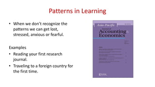 Patterns in Learning
• When we don’t recognize the
patterns we can get lost,
stressed, anxious or fearful.
Examples
• Reading your first research
journal.
• Traveling to a foreign country for
the first time.
 