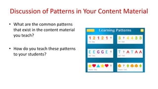 Discussion of Patterns in Your Content Material
• What are the common patterns
that exist in the content material
you teach?
• How do you teach these patterns
to your students?
 