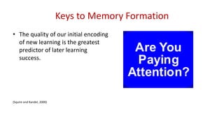 Keys to Memory Formation
• The quality of our initial encoding
of new learning is the greatest
predictor of later learning
success.
(Squire and Kandel, 2000)
 