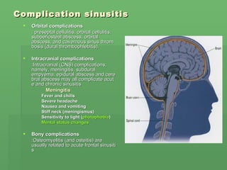 Complication sinusitis Orbital complications   : preseptal cellulitis, orbital cellulitis, subperiosteal abscess, orbital abscess, and cavernous sinus thrombosis (dural thrombophlebitis).  Intracranial complications   : Intracranial (CNS) complications, namely, meningitis, subdural empyema, epidural abscess and cerebral abscess may all complicate acute and chronic sinusitis Meningitis Fever and chills  Severe headache  Nausea and vomiting  Stiff neck (meningismus)  Sensitivity to light ( photophobia )  Mental status changes   Bony complications   : Osteomyelitis (and osteitis) are usually related to acute frontal sinusitis  