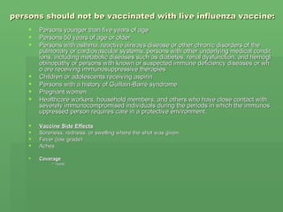 persons should not be vaccinated with live influenza vaccine:   Persons younger than five years of age  Persons 50 years of age or older  Persons with asthma, reactive airways disease or other chronic disorders of the pulmonary or cardiovascular systems; persons with other underlying medical conditions, including metabolic diseases such as diabetes, renal dysfunction, and hemoglobinopathy or persons with known or suspected immune deficiency diseases or who are receiving immunosuppressive therapies  Children or adolescents receiving aspirin  Persons with a history of Guillain-Barré syndrome  Pregnant women  Healthcare workers, household members, and others who have close contact with severely immunocompromised individuals during the periods in which the immunosuppressed person requires care in a protective environment.  Vaccine Side Effects   Soreness, redness, or swelling where the shot was given  Fever (low grade)  Aches  Coverage ~ 1year 