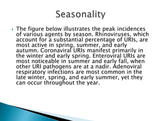  The figure below illustrates the peak incidences 
of various agents by season. Rhinoviruses, which 
account for a substantial percentage of URIs, are 
most active in spring, summer, and early 
autumn. Coronaviral URIs manifest primarily in 
the winter and early spring. Enteroviral URIs are 
most noticeable in summer and early fall, when 
other URI pathogens are at a nadir. Adenoviral 
respiratory infections are most common in the 
late winter, spring, and early summer, yet they 
can occur throughout the year. 
 