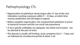 Pathophysiology CTs
• Regeneration of epithelium slowly begins after 5th
day of the viral
infestation reaching maximum within 9 – 15 days; at which time
mucous production and cilia begin to appear.
• Before complete regeneration, the compromised epithelium is prone
to bacterial invasion and this can result into pneumonia
• If virus specific antibodies are adequate, the initial viral invasion can
be aborted at the port of entry
• The disease is usually self limiting; acute symptoms last 2 – 7 days and
are followed by convalescent period of about 1 wk
 