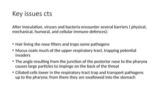 Key issues cts
After inoculation, viruses and bacteria encounter several barriers ( physical,
mechanical, humoral, and cellular immune defences):
• Hair lining the nose filters and traps some pathogens
• Mucus coats much of the upper respiratory tract, trapping potential
invaders
• The angle resulting from the junction of the posterior nose to the pharynx
causes large particles to impinge on the back of the throat
• Ciliated cells lower in the respiratory tract trap and transport pathogens
up to the pharynx; from there they are swallowed into the stomach
 