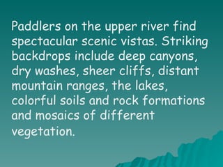 Paddlers on the upper river find spectacular scenic vistas. Striking backdrops include deep canyons, dry washes, sheer cliffs, distant mountain ranges, the lakes, colorful soils and rock formations and mosaics of different vegetation.   