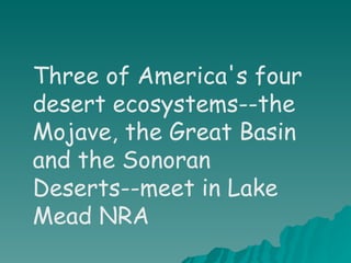 Three of America's four desert ecosystems--the Mojave, the Great Basin and the Sonoran Deserts--meet in Lake Mead NRA 