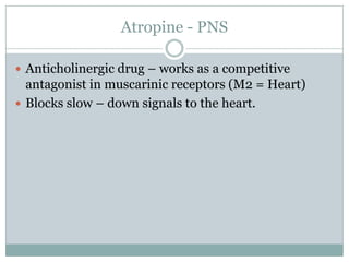 Atropine - PNS

 Anticholinergic drug – works as a competitive
  antagonist in muscarinic receptors (M2 = Heart)
 Blocks slow – down signals to the heart.
 