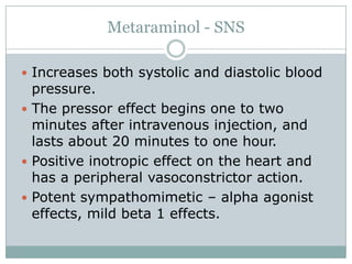 Metaraminol - SNS

 Increases both systolic and diastolic blood
  pressure.
 The pressor effect begins one to two
  minutes after intravenous injection, and
  lasts about 20 minutes to one hour.
 Positive inotropic effect on the heart and
  has a peripheral vasoconstrictor action.
 Potent sympathomimetic – alpha agonist
  effects, mild beta 1 effects.
 