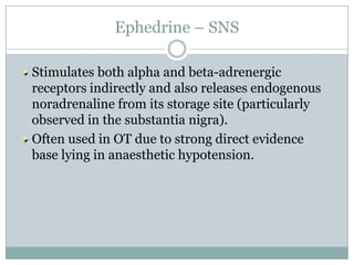 Ephedrine – SNS

Stimulates both alpha and beta-adrenergic
receptors indirectly and also releases endogenous
noradrenaline from its storage site (particularly
observed in the substantia nigra).
Often used in OT due to strong direct evidence
base lying in anaesthetic hypotension.
 