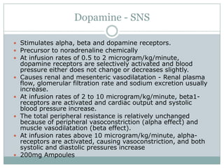 Dopamine - SNS

 Stimulates alpha, beta and dopamine receptors.
 Precursor to noradrenaline chemically
 At infusion rates of 0.5 to 2 microgram/kg/minute,
    dopamine receptors are selectively activated and blood
    pressure either does not change or decreases slightly.
   Causes renal and mesenteric vasodilatation - Renal plasma
    flow, glomerular filtration rate and sodium excretion usually
    increase.
   At infusion rates of 2 to 10 microgram/kg/minute, beta1-
    receptors are activated and cardiac output and systolic
    blood pressure increase.
   The total peripheral resistance is relatively unchanged
    because of peripheral vasoconstriction (alpha effect) and
    muscle vasodilatation (beta effect).
   At infusion rates above 10 microgram/kg/minute, alpha-
    receptors are activated, causing vasoconstriction, and both
    systolic and diastolic pressures increase
   200mg Ampoules
 