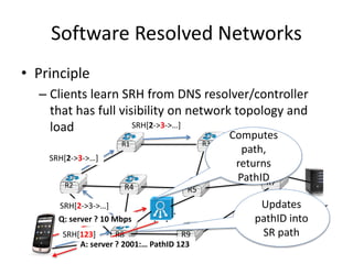 Software Resolved Networks
• Principle
– Clients learn SRH from DNS resolver/controller
that has full visibility on network topology and
load
R1
R4
R3
R5
R2 R7
R8 R9
server
Q: server ? 10 Mbps
Computes
path,
returns
PathID
A: server ? 2001:… PathID 123
SRH[123]
SRH[2->3->…]
SRH[2->3->…]
SRH[2->3->…]
Updates
pathID into
SR path
 
