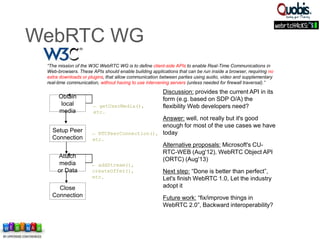 “The mission of the W3C WebRTC WG is to define client-side APIs to enable Real-Time Communications in
Web-browsers. These APIs should enable building applications that can be run inside a browser, requiring no
extra downloads or plugins, that allow communication between parties using audio, video and supplementary
real-time communication, without having to use intervening servers (unless needed for firewall traversal).”
Discussion: provides the current API in its
form (e.g. based on SDP O/A) the
flexibility Web developers need?
Answer: well, not really but it's good
enough for most of the use cases we have
today
Alternative proposals: Microsoft's CU-
RTC-WEB (Aug'12), WebRTC Object API
(ORTC) (Aug'13)
Next step: “Done is better than perfect”,
Let's finish WebRTC 1.0, Let the industry
adopt it
Future work: “fix/improve things in
WebRTC 2.0”, Backward interoperability?
Obtain
local
media
Setup Peer
Connection
Attach
media
or Data
Close
Connection
← getUserMedia(),
etc.
← RTCPeerConnection(),
etc.
← addStream(),
createOffer(),
etc.
WebRTC WG
 