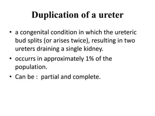Duplication of a ureter
• a congenital condition in which the ureteric
bud splits (or arises twice), resulting in two
ureters draining a single kidney.
• occurrs in approximately 1% of the
population.
• Can be : partial and complete.
 