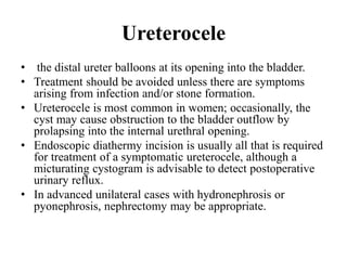 Ureterocele
• the distal ureter balloons at its opening into the bladder.
• Treatment should be avoided unless there are symptoms
arising from infection and/or stone formation.
• Ureterocele is most common in women; occasionally, the
cyst may cause obstruction to the bladder outflow by
prolapsing into the internal urethral opening.
• Endoscopic diathermy incision is usually all that is required
for treatment of a symptomatic ureterocele, although a
micturating cystogram is advisable to detect postoperative
urinary reflux.
• In advanced unilateral cases with hydronephrosis or
pyonephrosis, nephrectomy may be appropriate.
 