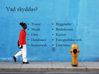 Vad skyddas? Teater Musik Film Databaser Konstverk Byggnader Brukskonst Kartor Fotografiska verk Litteratur 