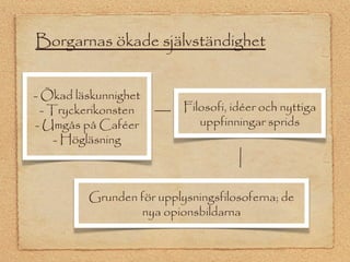 Borgarnas ökade självständighet 
- Ökad läskunnighet 
- Tryckerikonsten 
- Umgås på Caféer 
- Högläsning 
Filosofi, idéer och nyttiga 
uppfinningar sprids 
Grunden för upplysningsfilosoferna; de 
nya opionsbildarna 
 