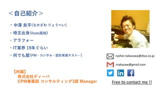 ＜自己紹介＞
・中澤 良平(なかざわ りょうへい)
・埼玉出身(from高知)
・アラフォー
・IT業界 19年ぐらい
・何でも屋(PM・コンサル・設計実装テスト…) ryohei.nakazawa@diva.co.jp
【所属】
株式会社ディーバ
CPM事業部 コンサルティング3部 Manager Free to contact me !!
rnakazaw@gmail.com
 