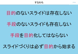 P.16すなわち
目的のないスライドは存在しない
手段のないスライドも存在しない
手段を目的化してはならない
スライドづくりは必ず目的から始まる
 