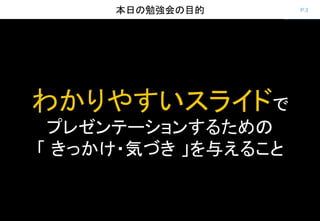 P.3
わかりやすいスライドで
プレゼンテーションするための
「 きっかけ・気づき 」を与えること
本日の勉強会の目的
 