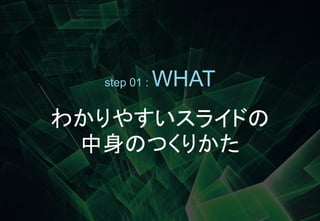 P.7
step 01 : WHAT
わかりやすいスライドの
中身のつくりかた
 