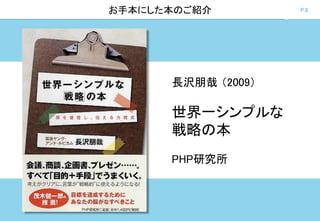 P.8お手本にした本のご紹介
長沢朋哉 （2009）
世界一シンプルな
戦略の本
PHP研究所
 