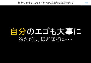 P.99わかりやすいスライドが作れるようになるために
自分のエゴも大事に
※ただし、ほどほどに・・・
 