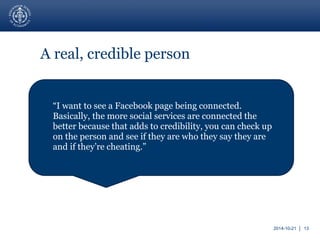 2014-10-21 │ 13 
A real, credible person 
 “I want to see a Facebook page being connected. 
Basically, the more social services are connected the 
better because that adds to credibility, you can check up 
on the person and see if they are who they say they are 
and if they’re cheating.” 
 