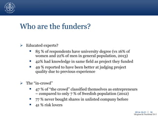 2014-10-21 │ 16 
Who are the funders? 
 Educated experts? 
 85 % of respondents have university degree (vs 16% of 
women and 22% of men in general population, 2013) 
 42% had knowledge in same field as project they funded 
 49 % reported to have been better at judging project 
quality due to previous experience 
 The “in-crowd” 
 47 % of “the crowd” classified themselves as entrepreneurs 
– compared to only 7 % of Swedish population (2012) 
 77 % never bought shares in unlisted company before 
 41 % risk lovers 
Skoglund & Stiernblad 2013 
 