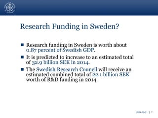 2014-10-21 │ 7 
Research Funding in Sweden? 
 Research funding in Sweden is worth about 
0.87 percent of Swedish GDP. 
 It is predicted to increase to an estimated total 
of 32.9 billion SEK in 2014. 
 The Swedish Research Council will receive an 
estimated combined total of 22.1 billion SEK 
worth of R&D funding in 2014 
 