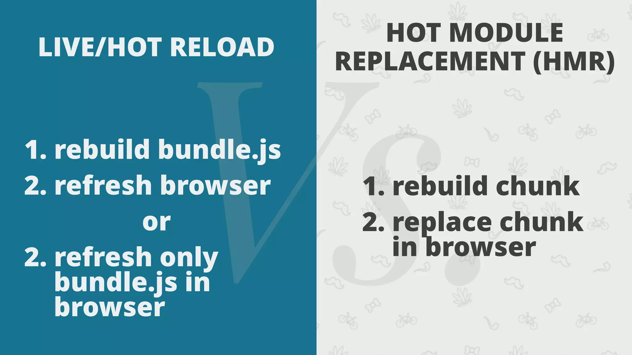 Vs.
LIVE/HOT RELOAD
HOT MODULE
REPLACEMENT (HMR)
1. rebuild bundle.js
2. refresh browser
or
2. refresh only
bundle.js in
browser
1. rebuild chunk
2. replace chunk
in browser
 