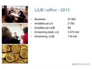 LiUB i siffror - 2013
• Studenter 27 900
• Anställda på LiU 3 700
• Anställda på LiUB 89
• Omslutning totalt, LiU 3 473 mkr
• Omslutning, LiUB 116 mkr
3
 
