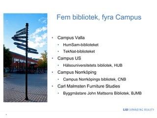 Fem bibliotek, fyra Campus
• Campus Valla
• HumSam-biblioteket
• TekNat-biblioteket
• Campus US
• Hälsouniversitetets bibliotek, HUB
• Campus Norrköping
• Campus Norrköpings bibliotek, CNB
• Carl Malmsten Furniture Studies
• Byggmästare John Mattsons Bibliotek, BJMB
4
 