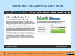 brian.hole@ubiquitypress.com | www.ubiquitypress.com| @ubiquitypress
Ubiquity conference systems: publication-centric
 