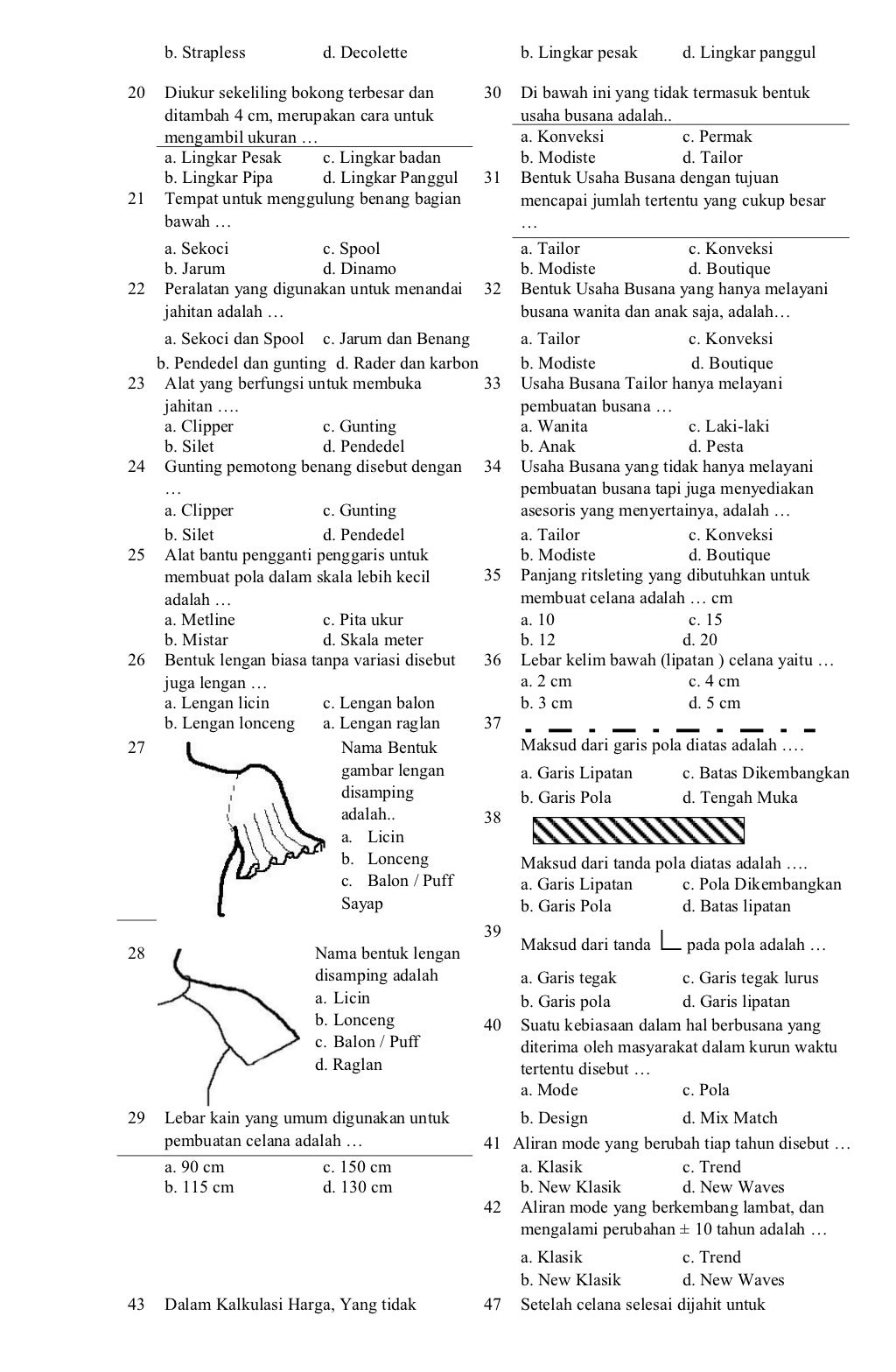 Soal Mulok Tata Busana kelas XI genap