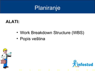 >> 0 >> 1 >> 2 >> 3 >> 4 >>
Planiranje
• Work Breakdown Structure (WBS)
• Popis veština
ALATI:
 