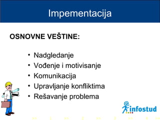 >> 0 >> 1 >> 2 >> 3 >> 4 >>
Impementacija
• Nadgledanje
• Vođenje i motivisanje
• Komunikacija
• Upravljanje konfliktima
• Rešavanje problema
OSNOVNE VEŠTINE:
 