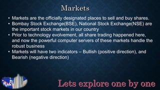 • Markets are the officially designated places to sell and buy shares.
• Bombay Stock Exchange(BSE), National Stock Exchange(NSE) are
the important stock markets in our country
• Prior to technology evolvement, all share trading happened here,
and now the powerful computer servers of these markets handle the
robust business
• Markets will have two indicators – Bullish (positive direction), and
Bearish (negative direction)
 