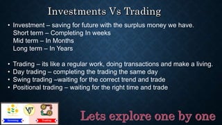 • Investment – saving for future with the surplus money we have.
Short term – Completing In weeks
Mid term – In Months
Long term – In Years
• Trading – its like a regular work, doing transactions and make a living.
• Day trading – completing the trading the same day
• Swing trading –waiting for the correct trend and trade
• Positional trading – waiting for the right time and trade
 