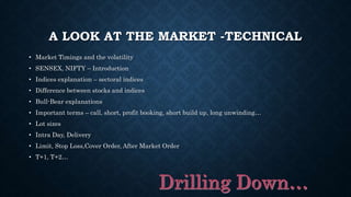 A LOOK AT THE MARKET -TECHNICAL
• Market Timings and the volatility
• SENSEX, NIFTY – Introduction
• Indices explanation – sectoral indices
• Difference between stocks and indices
• Bull-Bear explanations
• Important terms – call, short, profit booking, short build up, long unwinding…
• Lot sizes
• Intra Day, Delivery
• Limit, Stop Loss,Cover Order, After Market Order
• T+1, T+2…
 