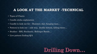A LOOK AT THE MARKET -TECHNICAL
• Types of Charts
• Candle sticks explanation
• Candle to look out for – Hammer, doji, hanging man…
• Pattern to look out – side way, double bottom, falling three…
• Studies – RSI, Stochastic, Bollinger Bands…
• Live pattern finding Q/A
 
