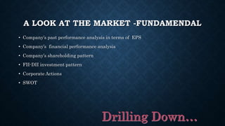 A LOOK AT THE MARKET -FUNDAMENDAL
• Company’s past performance analysis in terms of EPS
• Company’s financial performance analysis
• Company’s shareholding pattern
• FII-DII investment pattern
• Corporate Actions
• SWOT
 