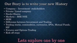 • Company – Investment- stakeholders
• Private- Listed company
• Stocks-Shares
• Markets – BSE-NSE
• SEBI
• Difference between Investment and Trading
• Trading stocks, commodities, currencies, IPOs, Mutual Funds,
SIP
• Futures and Options Trading
• Kick off steps
 