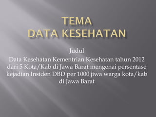 Judul
Data Kesehatan Kementrian Kesehatan tahun 2012
dari 5 Kota/Kab di Jawa Barat mengenai persentase
kejadian Insiden DBD per 1000 jiwa warga kota/kab
di Jawa Barat
 