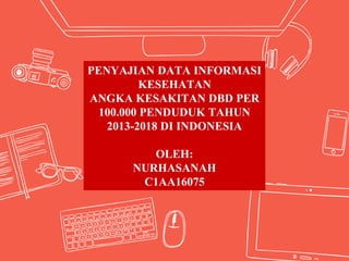 PENYAJIAN DATA INFORMASI
KESEHATAN
ANGKA KESAKITAN DBD PER
100.000 PENDUDUK TAHUN
2013-2018 DI INDONESIA
OLEH:
NURHASANAH
C1AA16075
 