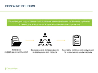 ОПИСАНИЕ РЕШЕНИЯ
Заявка на
инвестиционный проект
Согласование и утверждение
инвестиционного проекта
Контроль исполнения поручений
по инвестиционному проекту
Решение для подготовки и согласования заявок на инвестиционные проекты,
а также для контроля за ходом исполнения этих проектов
 