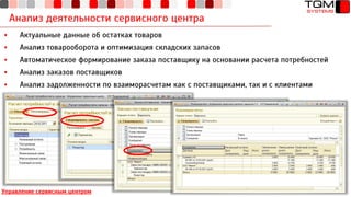 Анализ деятельности сервисного центра
Управление сервисным центром
▪ Актуальные данные об остатках товаров
▪ Анализ товарооборота и оптимизация складских запасов
▪ Автоматическое формирование заказа поставщику на основании расчета потребностей
▪ Анализ заказов поставщиков
▪ Анализ задолженности по взаиморасчетам как с поставщиками, так и с клиентами
 
