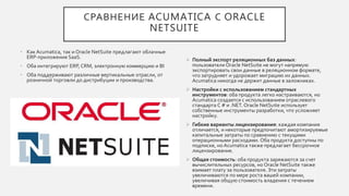 СРАВНЕНИЕ ACUMATICA С ORACLE
NETSUITE
• Как Acumatica, так и Oracle NetSuite предлагают облачные
ERP-приложения SaaS.
• Оба интегрируют ERP, CRM, электронную коммерцию и BI
• Оба поддерживают различные вертикальные отрасли, от
розничной торговли до дистрибуции и производства.
 Полный экспорт реляционных баз данных:
пользователи Oracle NetSuite не могут напрямую
экспортировать свои данные в реляционном формате,
что затрудняет и удорожает миграцию их данных.
Acumatica никогда не держит данные в заложниках.
 Настройки с использованием стандартных
инструментов: оба продукта легко настраиваются, но
Acumatica создается с использованием отраслевого
стандарта C # и .NET. Oracle NetSuite использует
собственные инструменты разработки, что усложняет
настройку.
 Гибкие варианты лицензирования: каждая компания
отличается, и некоторые предпочитают амортизируемые
капитальные затраты по сравнению с текущими
операционными расходами. Оба продукта доступны по
подписке, но Acumatica также предлагает бессрочное
лицензирование.
 Общая стоимость: оба продукта заряжаются за счет
вычислительных ресурсов, но Oracle NetSuite также
взимает плату за пользователя. Эти затраты
увеличиваются по мере роста вашей компании,
увеличивая общую стоимость владения с течением
времени.
 